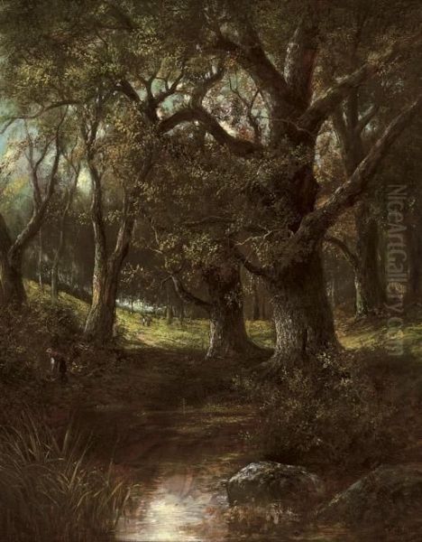 A Figure In A Wooded Landscape Oil Painting by Joseph Thors