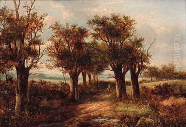 A Figure On A Wooded Track; And Cottages In A Landscape Oil Painting by Joseph Thors