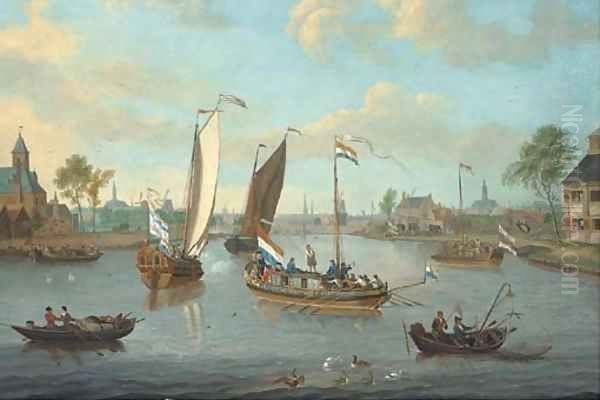 The river Amstel, looking towards the Hooge Sluis, a view of Amsterdam beyond Oil Painting by Jacobus Storck