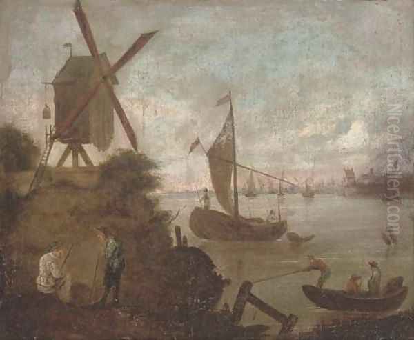 A river landscape with figures and boats by a windmill Oil Painting by Jacobus Storck