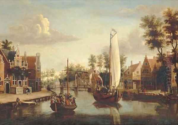 A view of Maarsen, with a ferry and a saling boat on the river Vecht 2 Oil Painting by Jacobus Storck