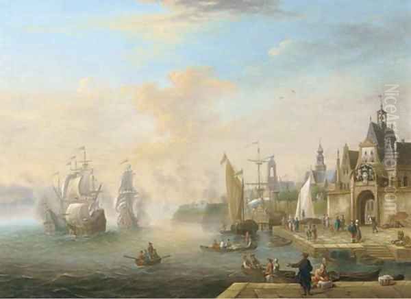 Men o'wars firing at a fortified town, with figures on a quay near a gate Oil Painting by Jacobus Storck