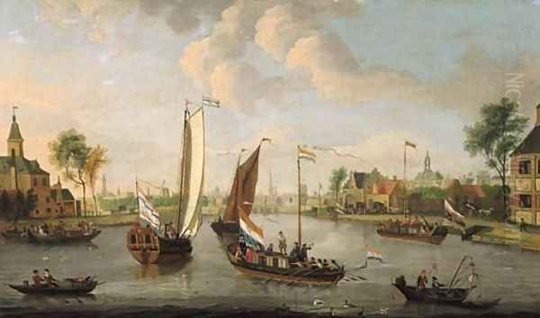 Yachts on the Buiten Amstel, Amsterdam, with the spires of the Zuider- and Oude Kerk beyond Oil Painting by Jacobus Storck