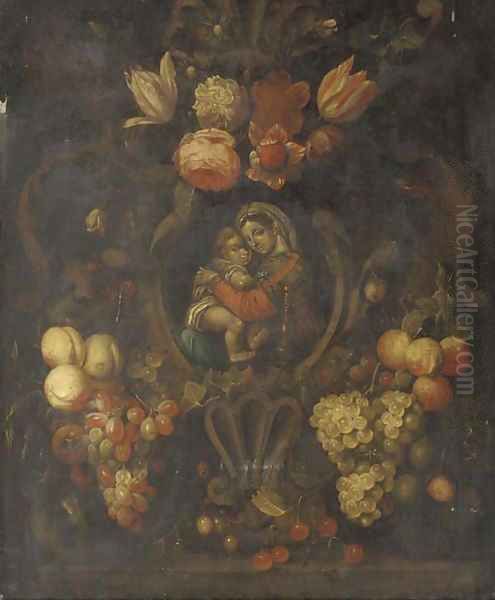 The Madonna and Child in a cartouche decorated Oil Painting by Joris Van Son