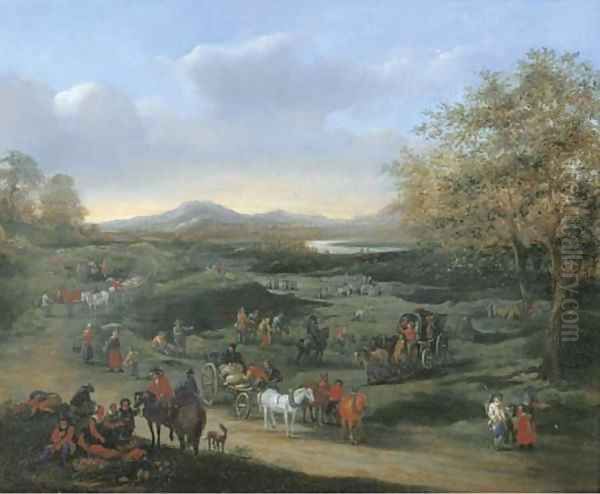 An extensive landscape with travellers on a road, other figures beyond Oil Painting by Mathys Schoevaerdts