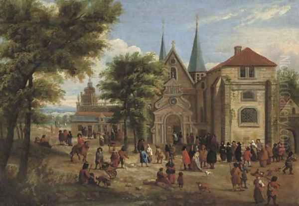 Figures gathered in front of a church in a wooded landscape Oil Painting by Mathys Schoevaerdts