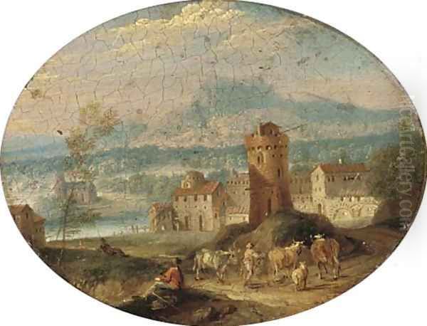 A river landscape with peasants resting on a river bank; and A river landscape with a drover and his cattle on a track Oil Painting by Mathys Schoevaerdts