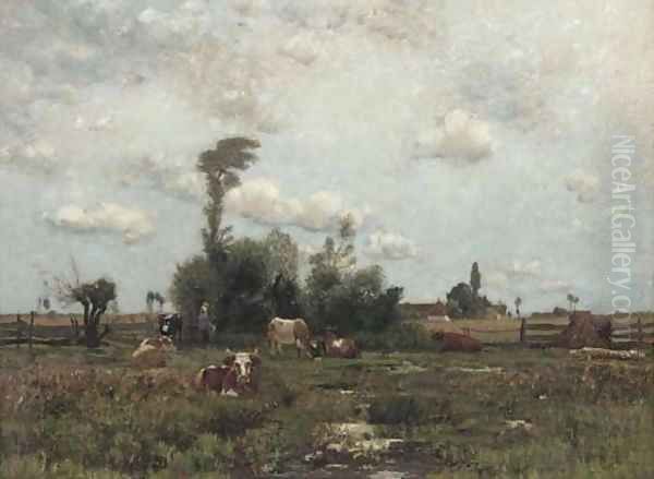 Cattle in a farm landscape Oil Painting by Barbizon School