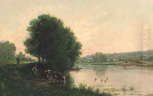 A Summer river landscape with cattle at a riverbank Oil Painting by Barbizon School