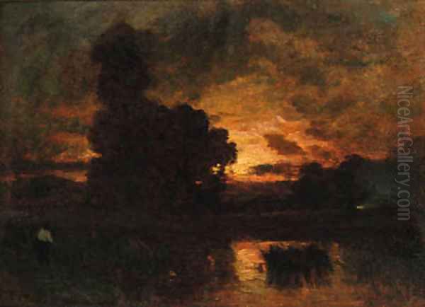 The sun setting on a lake landscape Oil Painting by Barbizon School