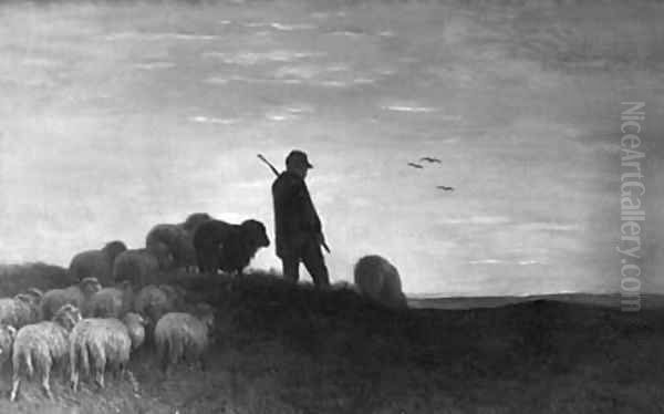 A shepherd in a landscape at dusk Oil Painting by Pieter Stortenbeker