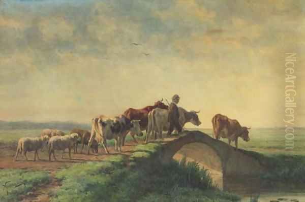 A herdsman with flock crossing a ditch Oil Painting by Pieter Stortenbeker