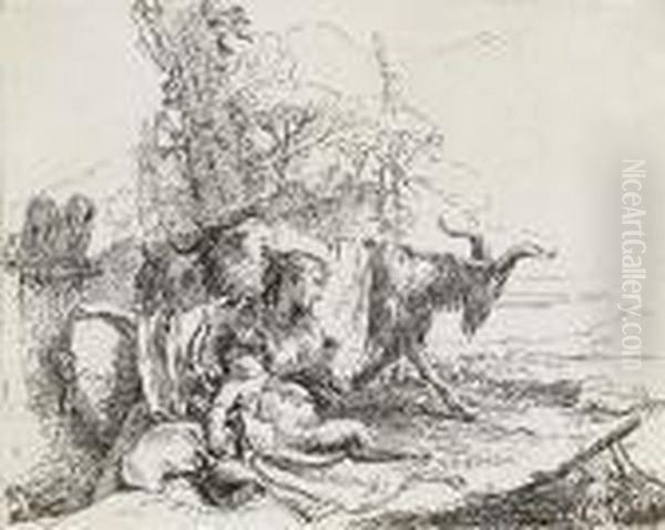 Woman, Satyr Child And Goat In A Landscape Oil Painting by Giovanni Battista Tiepolo