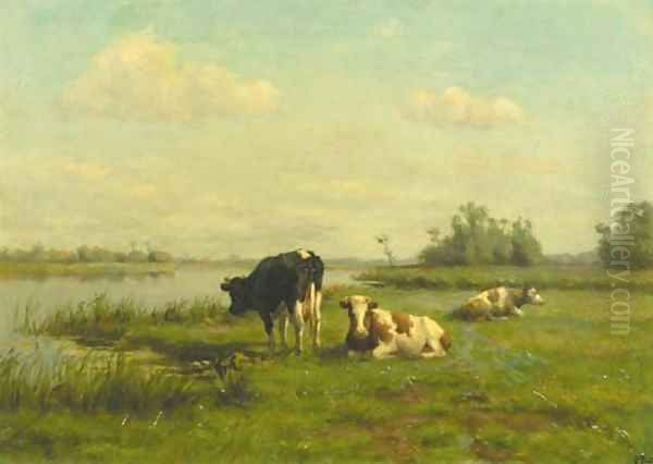 Cows in a river landscape Oil Painting by Pieter Stortenbeker