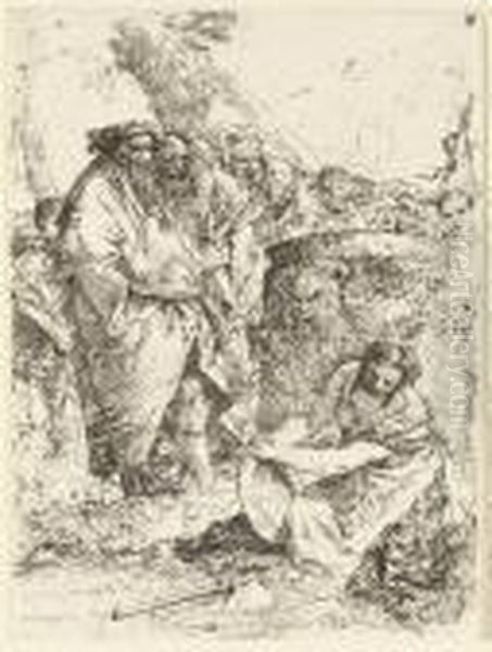 Woman Kneeling In Front Of Magicians And Other Figures, From Oil Painting by Giovanni Battista Tiepolo