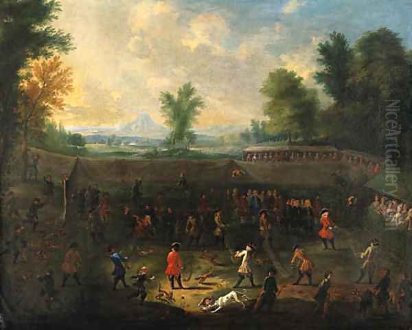 A fox-tossing match with elegant company spectating Oil Painting by South German School