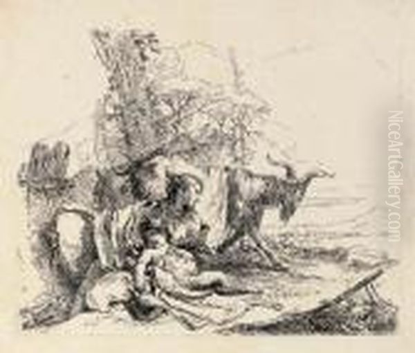 A Nymph With A Small Satyr And Two Goats From Vari Capricci Oil Painting by Giovanni Battista Tiepolo