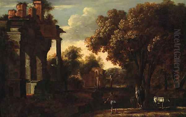 Drovers with Cattle on a Bank before a Ruin Oil Painting by South German School