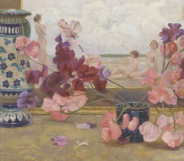 Still Life Of Sweet Peas, An Eastern Vase Oil Painting by Walter Schroder