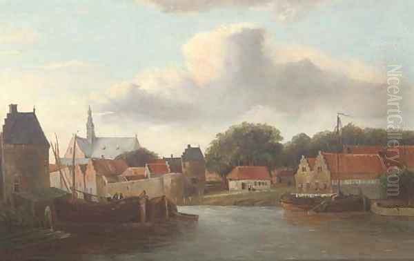 A Dutch river town with barges Oil Painting by Cornelis Springer