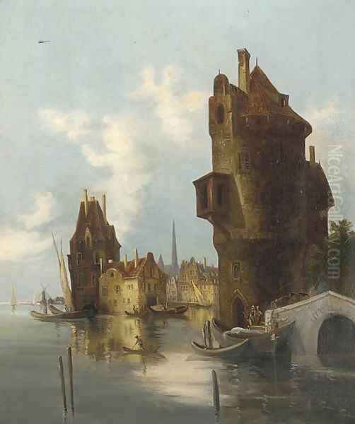 River traffic off a Dutch town Oil Painting by Cornelis Springer