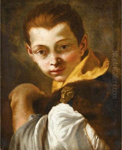 A Study Of A Young Boy, Head And
 Shoulders, Wearing A Furlined Cloak, With A Satyr's Head Clasp, And 
Holding A Book Oil Painting by Giovanni Battista Tiepolo