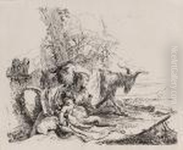 Woman, Satyr Child And Goat In A Landscape (de Visme 7) Oil Painting by Giovanni Battista Tiepolo