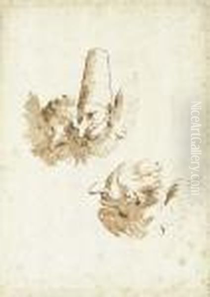 Three Punchinelli As Winged Cherubs Oil Painting by Giovanni Battista Tiepolo