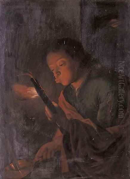 A boy holding a candle and blowing at an ember Oil Painting by Godfried Schalcken