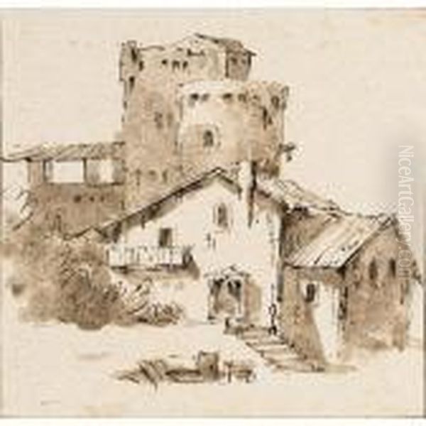 A View Of Buildings With Two Towers Oil Painting by Giovanni Battista Tiepolo