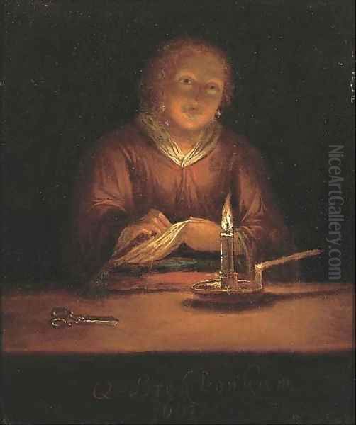 A lady sewing by candlelight 2 Oil Painting by Godfried Schalcken