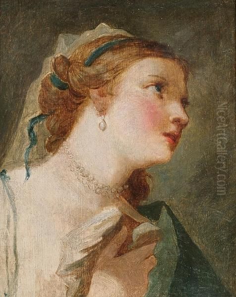 A Young Woman With A Pearl Necklace And Earrings And A Blue Ribbon In Her Hair Oil Painting by Giovanni Battista Tiepolo