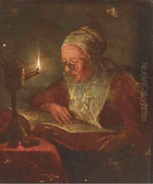 A woman reading by candlelight Oil Painting by Godfried Schalcken