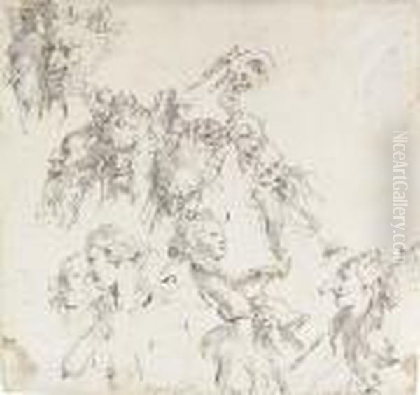 The Heads Of Satyrs, Women And Other Studies Oil Painting by Giovanni Battista Tiepolo