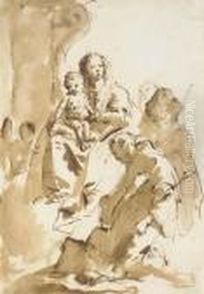 The Madonna And Child With Saint
 Anthony Of Padua Kneeling And Two Other Saints, An Angel By A Column In
 The Background Oil Painting by Giovanni Battista Tiepolo