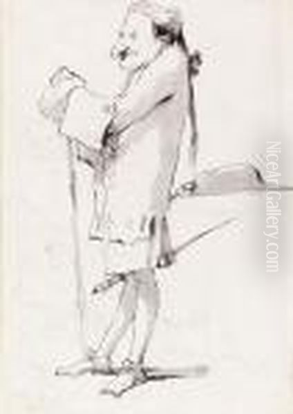 Caricature Of A Standing Cavalier Leaning On A Staff (recto) Oil Painting by Giovanni Battista Tiepolo