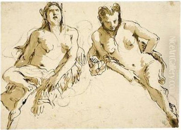 Design For A Lunette: Two Female Satyrs Oil Painting by Giovanni Battista Tiepolo