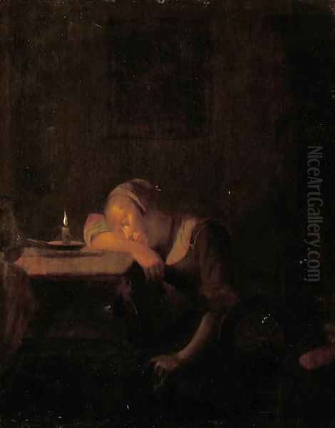 A young girl asleep in an interior by candlelight Oil Painting by Godfried Schalcken