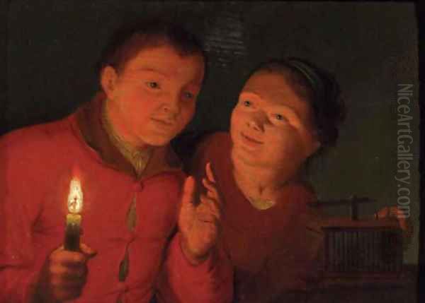 Children watching a birdcage by candlelight Oil Painting by Godfried Schalcken