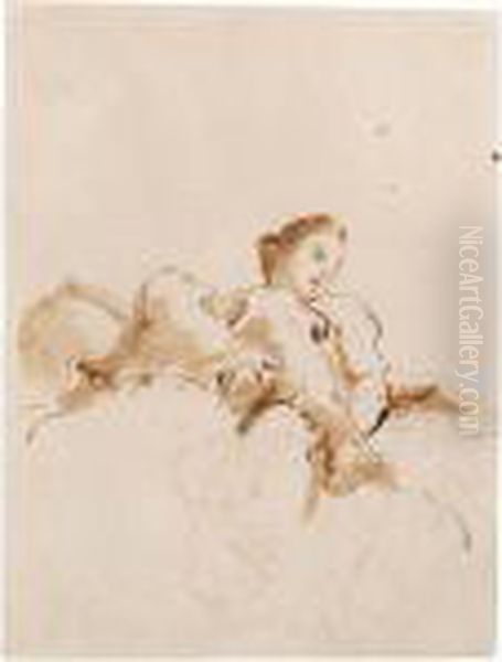 A Seated Female Figure Holding A Globe, Seen From Below Oil Painting by Giovanni Battista Tiepolo