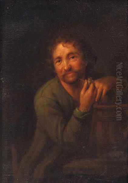 A bearded man with a pipe, leaning on a wooden pail Oil Painting by Godfried Schalcken