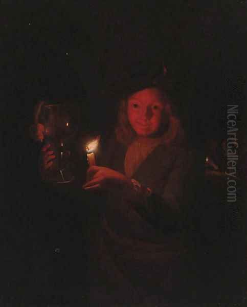 A boy holding a roemer by candlelight Oil Painting by Godfried Schalcken