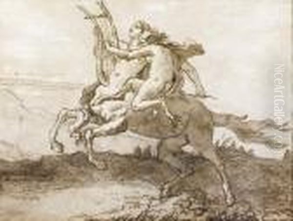 A Centaur Holding A Lyre, Galloping With A Female Faun Oil Painting by Giovanni Domenico Tiepolo