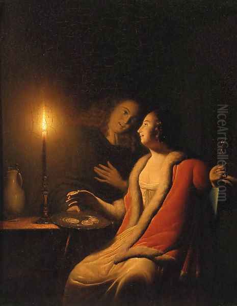 A Gentleman making advances on a Lady by Candlelight Oil Painting by Godfried Schalcken