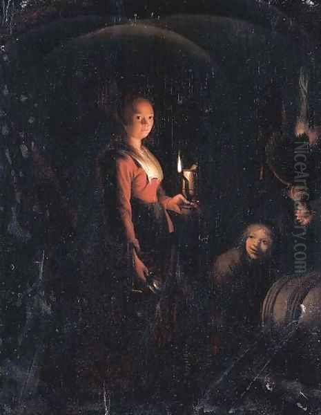 A serving maid and a boy by candlelight Oil Painting by Godfried Schalcken