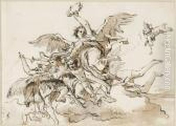 Ange Tenant Une Couronne Et Putti Dans Les Nuages Oil Painting by Giovanni Domenico Tiepolo