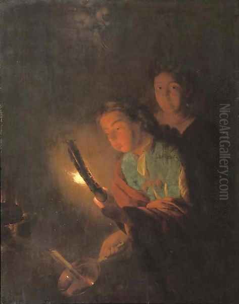 A young man blowing his torch to light a candle Oil Painting by Godfried Schalcken