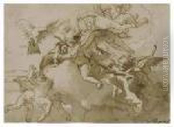 Cupid Blindfolded Frolicking With Doves And Other Putti In Theclouds Oil Painting by Giovanni Domenico Tiepolo