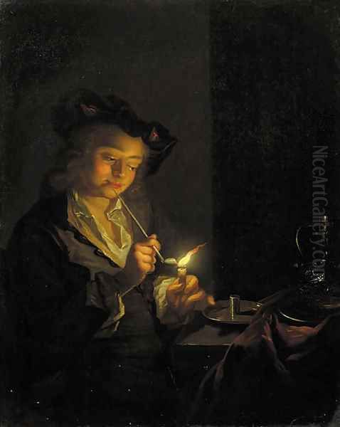 A youth seated by a table lighting a pipe with a candle Oil Painting by Godfried Schalcken