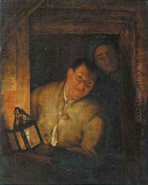 Boors at a window by candlelight Oil Painting by Godfried Schalcken